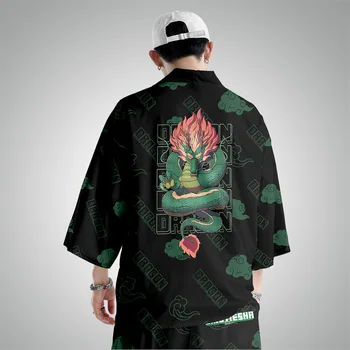 Dragon Printed Black Kimono Cardigan Men Japanese Traditional Casual Loose Thin Set Coat Pants Asian Clothes Harajuku