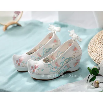 Fairy Cosplay Tradiciniai kiniški batai Siuvinėjimas Gėlių vintažiniai Hanfu batai Moterys Aukštakulniai Jautienos sausgyslės mergaitė Drobė Lolita
