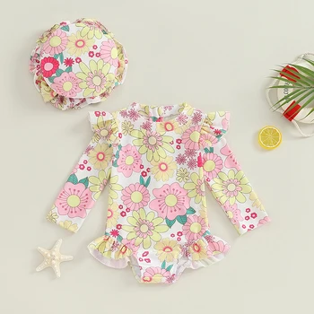 Baby Girls Maudymosi kostiumėlis Gėlių atspaudas Bikinis ilgomis rankovėmis su skrybėle Naujagimio maudymosi kostiumėliai vasaros maudynėms