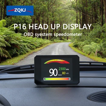 ZQKJ P16 OBD2 HUD Automobilis Borto kompiuteris Skaitmeninis galvos aukštyn ekranas Greitis RPM matuoklis Matuoklis Automatiniai priedai Vandens temperatūros signalizacija