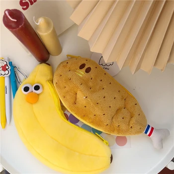 Kūrybinis animacinis filmas Vištienos pieštukų maišeliai Kawaii bananų vištienos aksomo pieštukų maišeliai Vaikų kanceliarinių prekių laikiklis