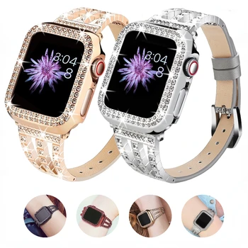 Diamond Metal+Leather Dirželis Apple Watch 8 7 45mm 41mm Ultra 49mm Moteriška išskirtinė apyrankės juosta iWatch 6 5 4 3 SE 44mm 40mm