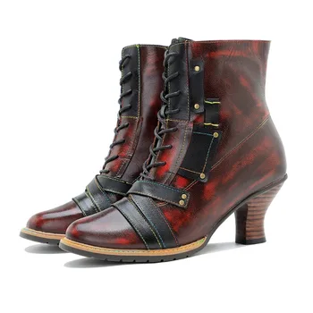 Moteriški batai Madingi kulkšnies batai Metalo apdaila ZIP Natūrali oda Rankinis spalvų nuvalymas Britiško stiliaus moteriški batai raudoni