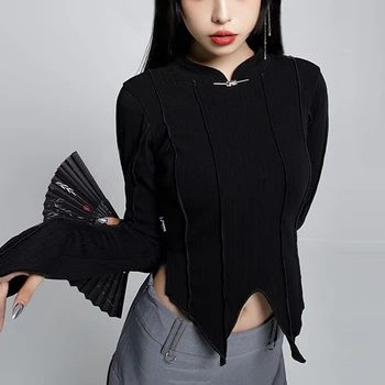Goth Dark New Chinese Style Black Mall Gotikiniai marškinėliai Y2k Punk Techwear Kontrastinės dygsnio apkarpytos viršūnės Grunge Fashion Split Hem Trišakiai