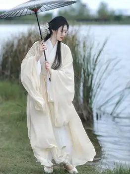 Wei Jin dinastijos Hanfu kinų stiliaus vintažinės etninės moterys elegantiškos laisvos vienspalvės medvilnės mišinys Paprasti kostiumai 2023 Naujas