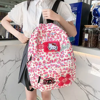 Kawaii kuprinė Sanrio Hello Kitty mokyklinis krepšys Mielas anime violetinis leopardas spausdinti Didelės talpos krepšys Y2k Pikantiška mergaitė Kalėdų dovana Nuotrauka 1