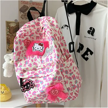Kawaii kuprinė Sanrio Hello Kitty mokyklinis krepšys Mielas anime violetinis leopardas spausdinti Didelės talpos krepšys Y2k Pikantiška mergaitė Kalėdų dovana Nuotrauka 5
