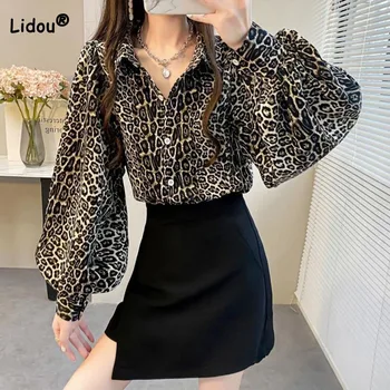 Moteriški drabužiai Žibinto rankovės Vintažinė leopardinė palaidinė Mados pavasario rudens mygtukas Laisvi sulieti moteriški laisvalaikio polo kaklo marškiniai