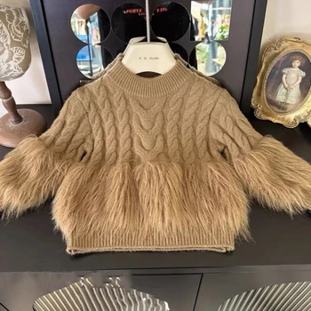 Mergaičių megztinis Vilnonis paltas Vaikų viršūnės Mezgimas 2023 Khaki Storen Šilta žiema Rudens medvilnė Aukštos kokybės vaikiški drabužiai