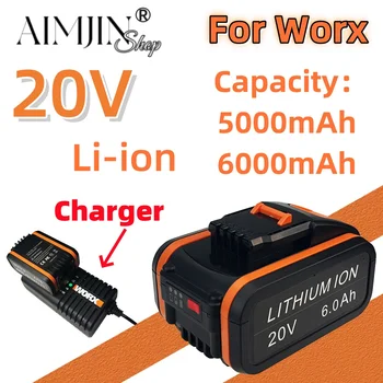 20V 5000/6000mAh Worx įrankiui Ličio jonų baterija WA3553.2 WX390 WA3572 WX367 + įkroviklis