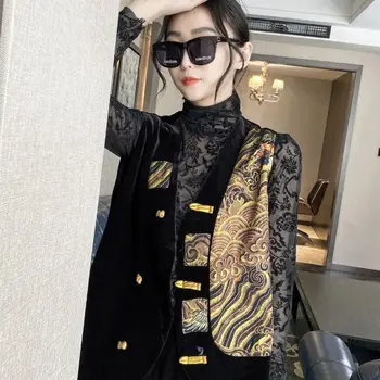 2024 ruduo nauja juoda liemenė moterų mados sandūra kiniško stiliaus plokštelinis mygtukas be rankovių užsienio aukso aksomo viršus kasdienė qipao liemenė