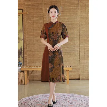 Tradicinė mandarinų apykaklė Gėlė trumpomis rankovėmis atspausdinta Stanging Satin A-Line Cheongsam Women Chinese Style Wedding Qipao suknelė