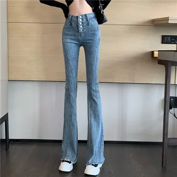2023 90s Vienos krūtinės moterys platėjantys džinsai Y2k Boot Cut Denim Pants Vintage Stretch High Elastic Skinny Mom Jeans Kelnės Nuotrauka 0