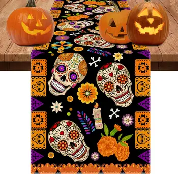 Sugar Skull Halloween Decorative Linen Table Runner, Halloween Orange virtuvės stalo dekoras, Tobuli namų vakarėlių aksesuarai