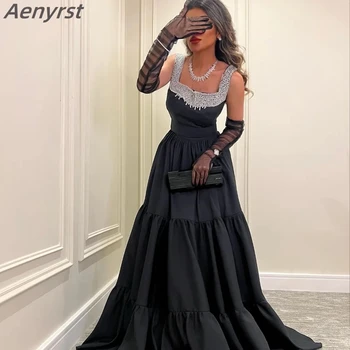 Aenyrst Black Spaghtti Dirželis Saudo Arabijos arabų vakarinės suknelės aplikacijos karoliukai A-Line Pleat Ruched Prom Dubai moterų vakarėlio chalatai