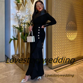 Lovestory Black Mermaid Prom suknelės Saudo Arabijos moterys dėvi vakarėlių sagas ilgomis rankovėmis raukiniai Vakariniai trimito chalatai