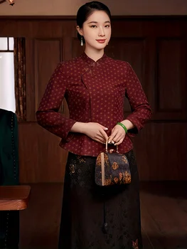 Polka Dot Print Tang Suit Vintage Mock Neck ilgomis rankovėmis Tang Suit moteriški drabužiai
