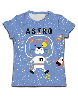 Vasaros vaikiški laisvalaikio marškinėliai mielas animacinis filmas gyvūnas astronautas kosmosas spausdinti berniukų mėlynos trumpomis rankovėmis atsitiktinis O kaklo mergaičių viršus