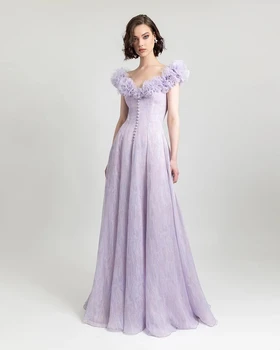 Elegantiškos levandų A linijos ilgos prom suknelės su 3D gėlėmis ir sagomis Vintažinės oficialios renginių vakarėlio suknelės Nuotrauka 1