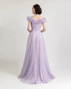 Elegantiškos levandų A linijos ilgos prom suknelės su 3D gėlėmis ir sagomis Vintažinės oficialios renginių vakarėlio suknelės Nuotrauka 2