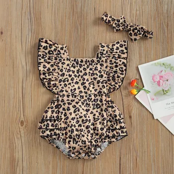 Pudcoco naujagimio mergaitės drabužiai leopardo atspaudas kombinezonas mažylis mergaitė kvadratinis kaklas skraidančios rankovės trumpos kelnės romperis kūdikių drabužiai