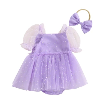 Naujagimiai Mergaitės Rompers suknelė Blizgučiai Trumpomis rankovėmis tinklelis Tiulio sijonas Apvadas Kūdikių smėlinukai Vasariniai drabužiai su galvos juosta