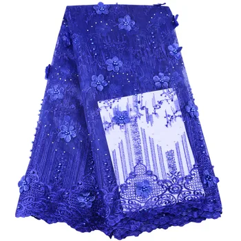 Nemokamas pristatymas 3D gėlės Afrikos tiulio nėrinių aplikacijos Aukštos kokybės karališkasis mėlynas prancūziškas siuvinėjimo tinklas Nėrinių audinys suknelei S1477