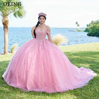 OEING Pink Quinceanera suknelės nuo peties princesės prom suknelė nėrinių aplikacijos rutulinis chalatas su mažu traukiniu Vestidos de 15