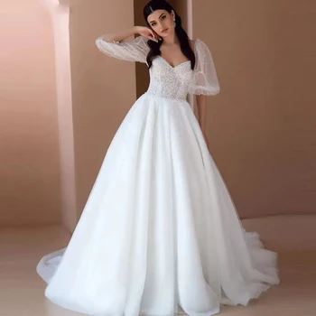 Prabangios gražios vestuvinės suknelės Nėriniai ilgomis pūstomis rankovėmis Seksualios be nugaros putojančios putojančios kvadratinės kaklo suknelės Nauji 2023