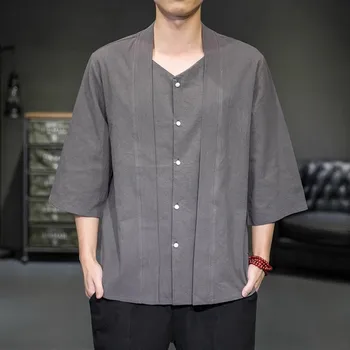 kinų tradiciniai netikri dviejų vyrų marškiniai Kongfu Hanfu gatvės drabužiai Medvilninis linas trijų ketvirčių rankovių sagos Laisvi vyriški suknelės marškiniai