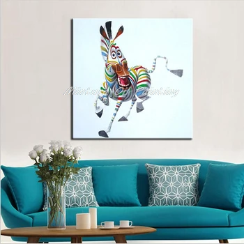 Mintura rankomis nutapyta laiminga zebro aliejinė tapyba ant drobės,Šiuolaikinis abstraktus spalvingų gyvūnų sienų menas vaikų kambario namų dekoravimui Nuotrauka 2