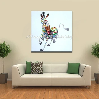 Mintura rankomis nutapyta laiminga zebro aliejinė tapyba ant drobės,Šiuolaikinis abstraktus spalvingų gyvūnų sienų menas vaikų kambario namų dekoravimui Nuotrauka 3