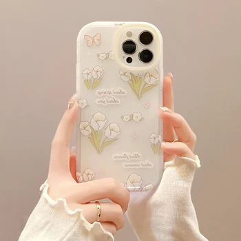 Tulpių gėlės Telefono dėklas, skirtas iPhone 14 13 12 11 Pro Max 14 Pro X XR XsMax 7 8 Plus Lovely White Soft Shock Silikoninis dangtelis Nuotrauka 0