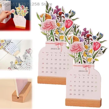2024 Naujas žydintis gėlių stalo kalendorius Kūrybinis medinis kortelių kalendorius Aukštos kokybės darbalaukio kalendoriaus iliustratorius Papuoškite reikmenis