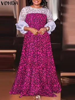 plius dydis VONDA Maxi suknelė Vasaros sundress 2023 Moterys ilgos žibinto rankovės Bohemijos nėrinių tinklelis Patchwork Casual Printed Chabe