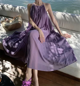 Elegantiška Lady Chiffon plisuota slydimo suknelė Lengvas plonas vasaros mados moterų paplūdimio suknelės be rankovių dizainas Nuotrauka 0