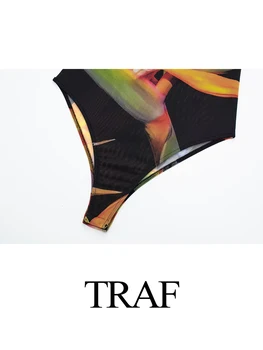 TRAF Summer Women Fashion Vintage Printed 2 dalių kostiumas Seksualus berankovis kombinezonas be nugaros + Hem Plyšys Juodas pamušalas Plonas ilgas sijonas Nuotrauka 4