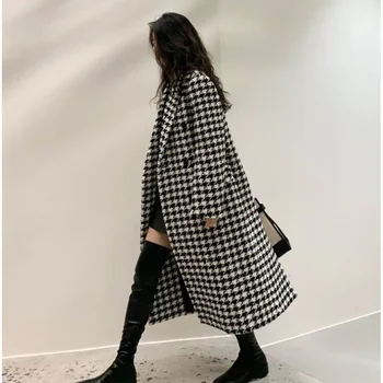 Vilnos mišiniai Žiemos moterų biuras Lady Plaid Classic Long Back-lit Chic Design Gentle Korean Style Streetwear All-match Nauja Nuotrauka 4
