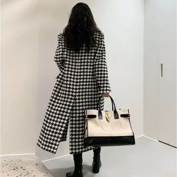 Vilnos mišiniai Žiemos moterų biuras Lady Plaid Classic Long Back-lit Chic Design Gentle Korean Style Streetwear All-match Nauja Nuotrauka 5