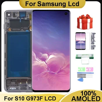 100% 6.1'' SUPER AMOLED LCD Skirta SAMSUNG Galaxy S10 G973 G973U SM-G973F/DS su rėmo ekranu Jutiklinio ekrano skaitmeninimo priemonės surinkimas
