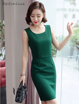 Mada Žalios suknelės be rankovių moterims Verslo darbas Dėvėti Formalus OL stilius Suknelė Biuras Ponios Vestidos drabužiai Nuotrauka 0