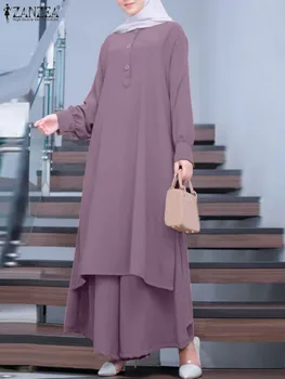 Elegantiški musulmoniški rinkiniai ZANZEA rudens moteriškos palaidinės ir kelnių komplektai IsIam drabužiai Causal Abaya Kaftan Priežastiniai marškiniai ilgomis rankovėmis Kelnės Nuotrauka 0