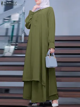 Elegantiški musulmoniški rinkiniai ZANZEA rudens moteriškos palaidinės ir kelnių komplektai IsIam drabužiai Causal Abaya Kaftan Priežastiniai marškiniai ilgomis rankovėmis Kelnės Nuotrauka 1