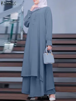 Elegantiški musulmoniški rinkiniai ZANZEA rudens moteriškos palaidinės ir kelnių komplektai IsIam drabužiai Causal Abaya Kaftan Priežastiniai marškiniai ilgomis rankovėmis Kelnės Nuotrauka 2