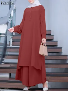Elegantiški musulmoniški rinkiniai ZANZEA rudens moteriškos palaidinės ir kelnių komplektai IsIam drabužiai Causal Abaya Kaftan Priežastiniai marškiniai ilgomis rankovėmis Kelnės Nuotrauka 3