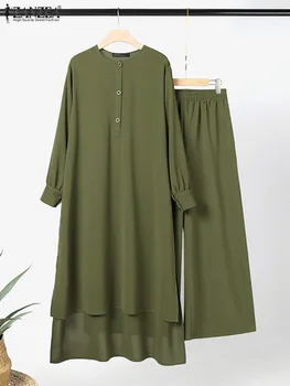 Elegantiški musulmoniški rinkiniai ZANZEA rudens moteriškos palaidinės ir kelnių komplektai IsIam drabužiai Causal Abaya Kaftan Priežastiniai marškiniai ilgomis rankovėmis Kelnės Nuotrauka 4