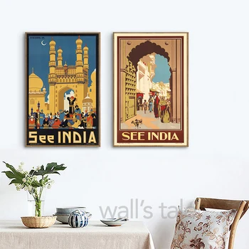 Indijos peizažas Senoviniai kelionių plakatai ir spaudiniai Pietryčių Azijos sienų meno drobės tapyba Paveikslas svetainės miegamojo dekorui Nuotrauka 3