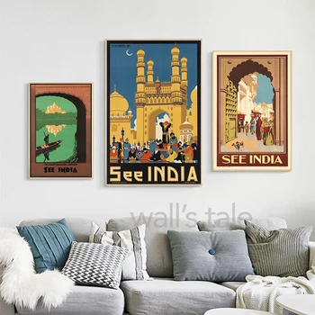Indijos peizažas Senoviniai kelionių plakatai ir spaudiniai Pietryčių Azijos sienų meno drobės tapyba Paveikslas svetainės miegamojo dekorui Nuotrauka 4