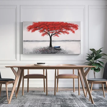 Abstraktus raudono medžio peizažas Sienų plakatai ir drobės atspaudai Šiuolaikinis laimingas medis Cuadros paveikslėliai Drobės tapyba namų dekorui Nuotrauka 2