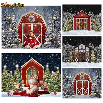 Mocsicka Žiemos kalėdinės dekoracijos fotografijos fonai Xmas Tree Starry Red Medinis namas Snaigės lempa Foto studijos rekvizitai